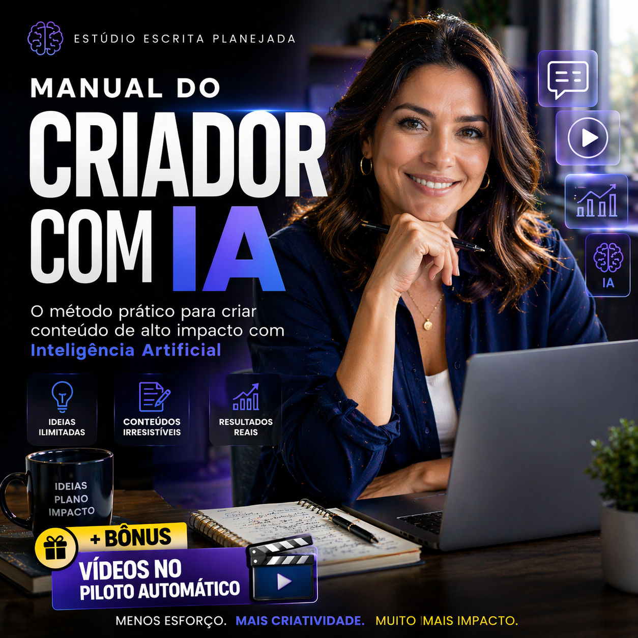 Criador de conteúdo diante de múltiplas telas com demandas de posts, vídeos e roteiros acumulados